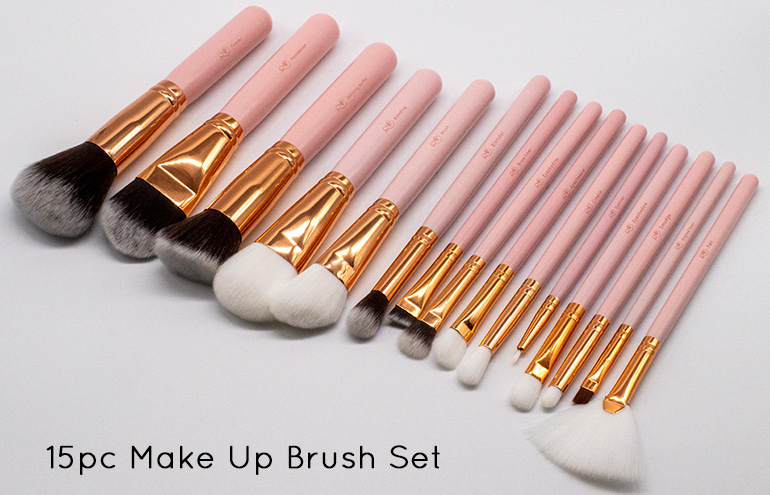 15 Piece Make Up Brush Set & Pouch - Rose Gold